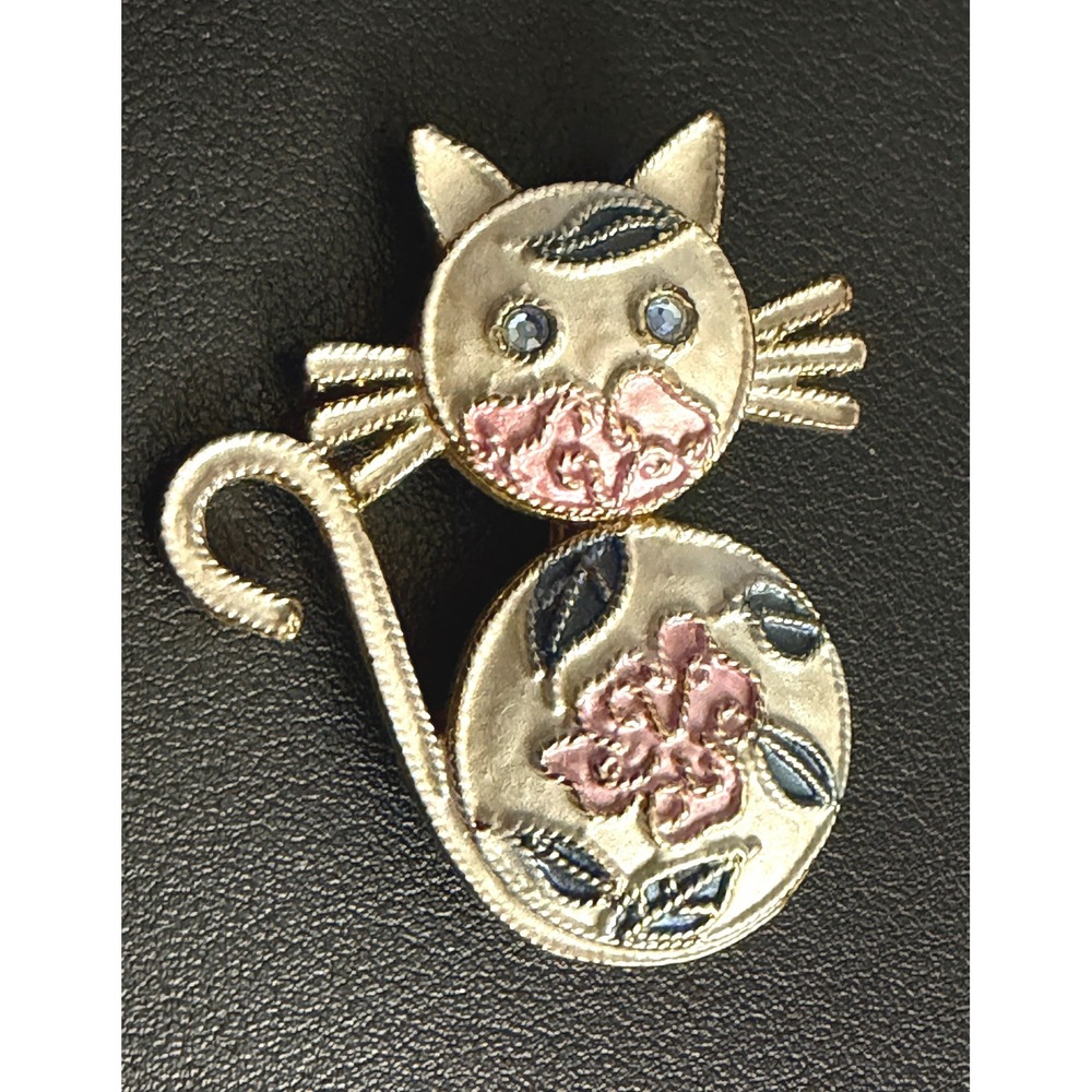 Be Dazzled Cat Brooch Enamel Rhinestone Gold Pink Floral